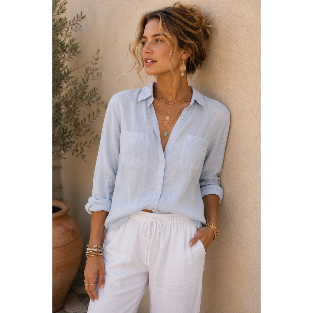 Sigrid Olsen Womens Light Blue 100% Linen Button Down Shirt Long Sleeve Medium